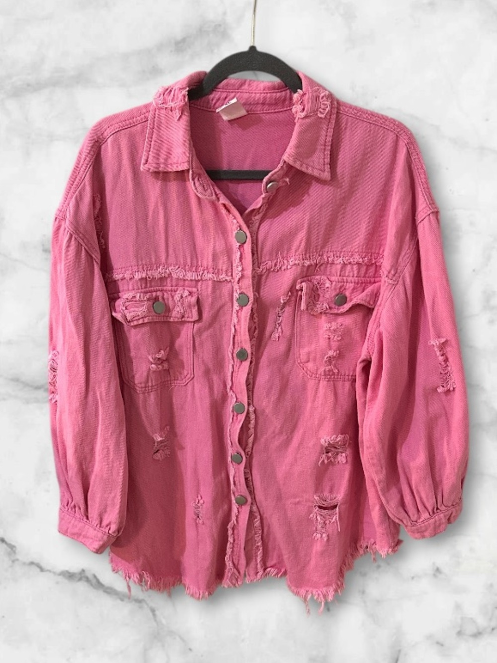 Pink ripped distressed denim casual boyfriend jean jacket fringe size X-Large